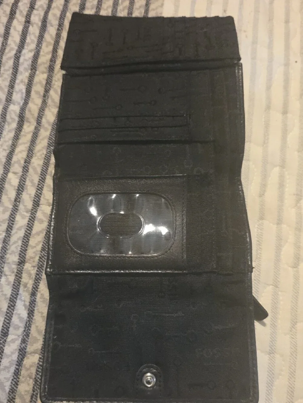Fossil Black Leather Trifold Key & Card Holder with Silver Logo Plate